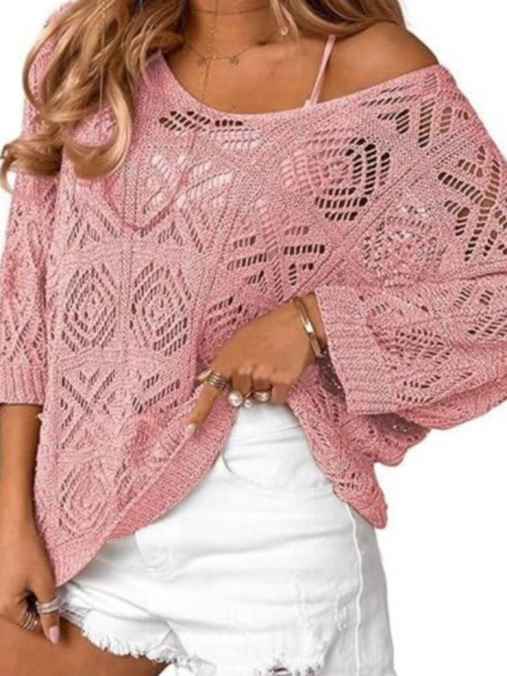 Crochet Cutout Three-quarter Sleeve Sweater